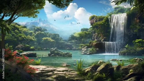 an image of a tranquil tropical lake with a waterfall backdrop