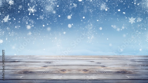 snow background light floor cold empty blue wooden space white table xmas top counter plank season wood card january frost falling concept - stock image