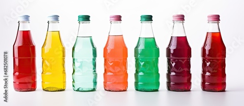 On a white background, a colorful carbonated beverage bottle made of plastic stands isolated. It contains a variety of sweeteners, flavorings, and sugar, making it a popular choice among those who