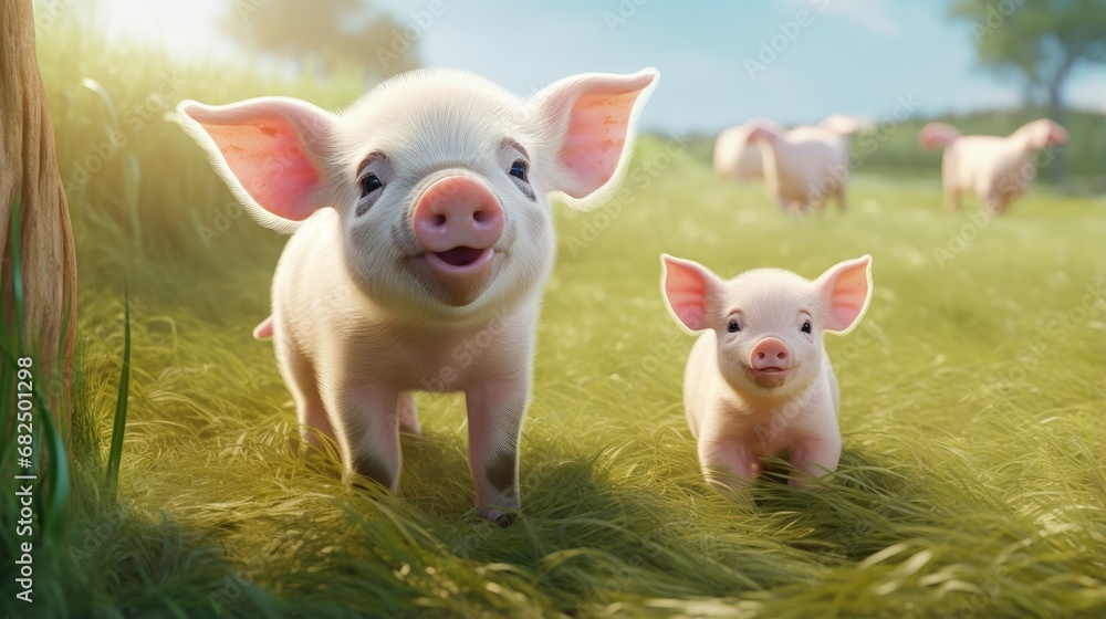 cutie and funny young pig is standing on the green grass. Happy piglet on the meadow, small piglet in the farm posing on camera on family farm. Regular day on the farm cutie and funny young pig is standing on the green grass. Happy piglet on the meadow, small piglet in the farm posing on camera on family farm. Regular day on the farm