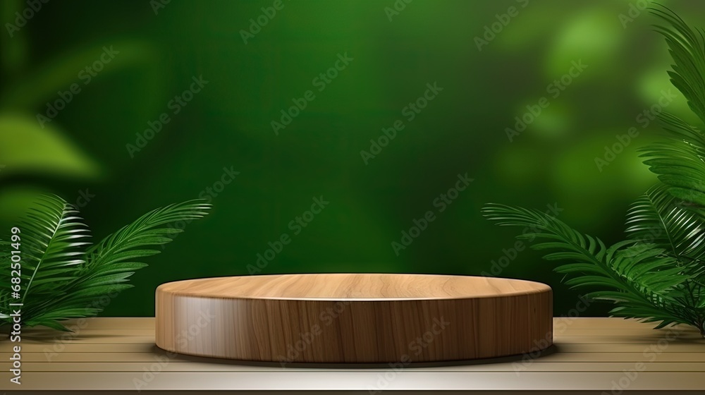 Minimal modern product display on green background. Wood slice podium and green leaves. Concept scene stage showcase for new product, promotion sale, banner, presentation, cosmetic Minimal modern product display on green background. Wood slice podium and green leaves. Concept scene stage showcase for new product, promotion sale, banner, presentation, cosmetic