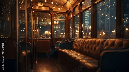 an image of city lights through the window of a vintage trolley