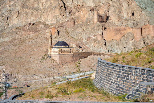 View of Old Bayezit Mosque and Ahmed-i Hani Tomb from Ishak Pasa Palace. Dogubayezit, Agri Turkey.  photo