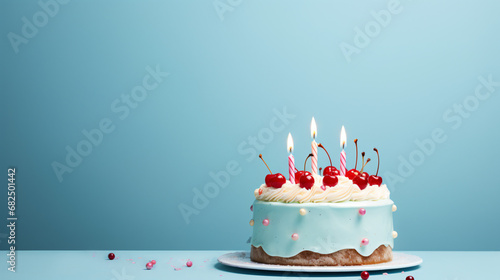 Birthday cake with candles on light blue background