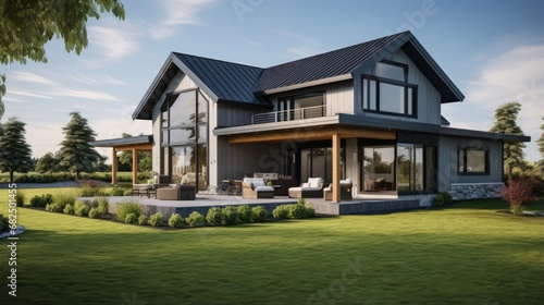 Large modern grey new house with back porch from back yard with green grass and nice landscaping. © HN Works