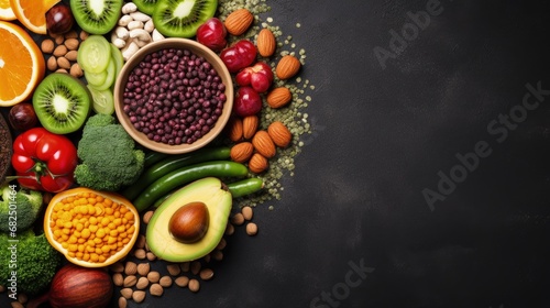 Vegan diet food. Selection of rich fiber sources vegan food. Foods high in plant based protein, vitamins, minerals, anthocyanins, antioxidants. Image with copy space