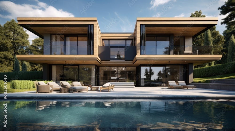 3d visualization of a modern house with a swimming pool. luxury architecture