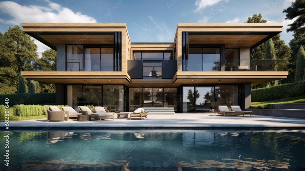 Fototapeta premium 3d visualization of a modern house with a swimming pool. luxury architecture