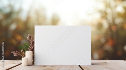 Mockup white blank space card, for greeting, table number, wedding invitation template on wedding table setting background. with clipping path photo