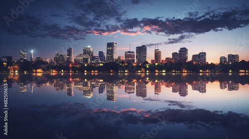 an image of city lights casting reflections on a tranquil lake