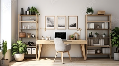 Design scandinavian interior of home office space with a lot of mock up photo frames, wooden desk, a lot of plants, mirror, office and personal accessories. Stylish neutral home staging. Template. © HN Works
