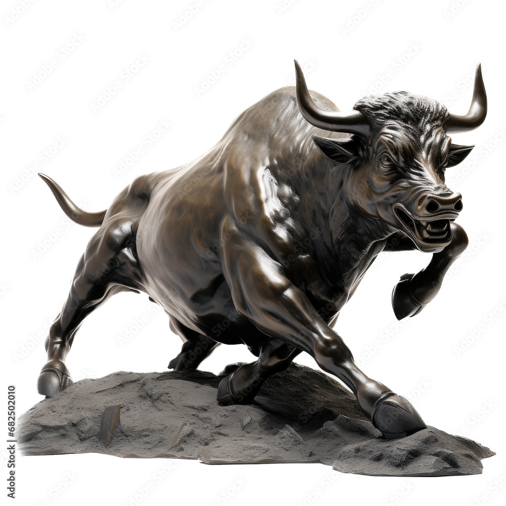 Fototapeta premium a statue of a raging bull representing the positive financial stock market, 3/4 view in an isolated and transparent PNG in a Financial-themed, photorealistic illustration. Generative ai