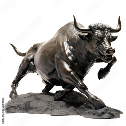 a statue of a raging bull representing the positive financial stock market, 3/4 view in an isolated and transparent PNG in a Financial-themed, photorealistic illustration. Generative ai © Purple Penguin GFX
