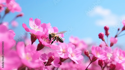 In the blooming field, amidst the vibrant pink flowers and the lush green plants, a Chinese bee diligently works, collecting nectar to produce honey, adding sweetness to the beauty of nature's photo