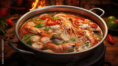 Thai Food Tom Yum Seafood, Tom Yum Kung Creamy spicy soup Hot Pot.