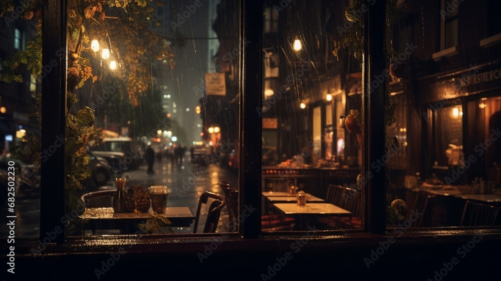 an image of city lights through the window of a bustling cafe on a rainy night