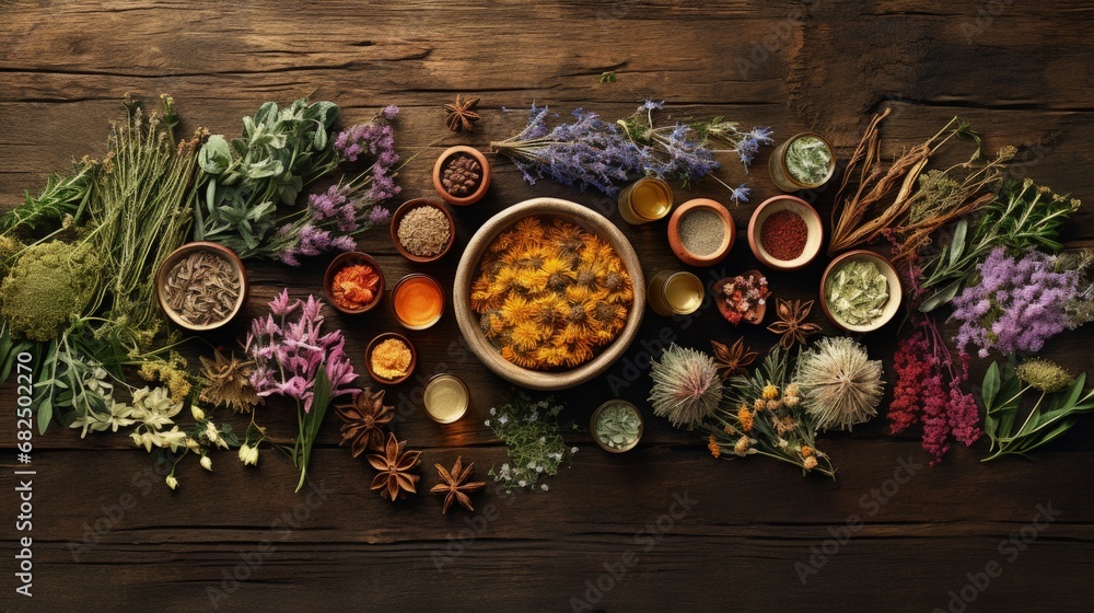 Natural flower and herb selection used in herbal medicine in bowls and loose forming a circle over distressed wooden background. Natural flower and herb selection used in herbal medicine in bowls and loose forming a circle over distressed wooden background.