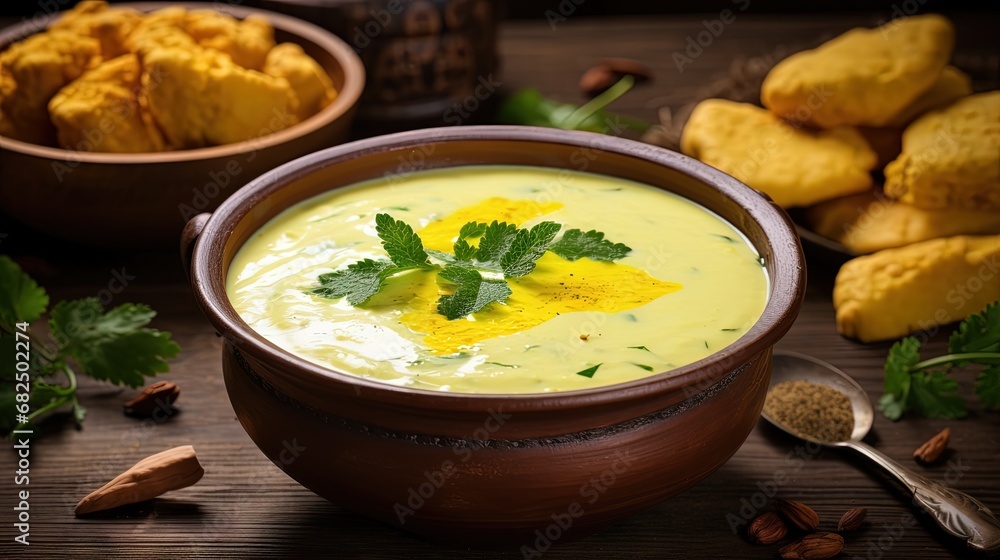 Close-up of Indian traditional kadhi or kadi pakora yogurt and gram flour and turmeric served hot in a bowl. Over a wooden background.