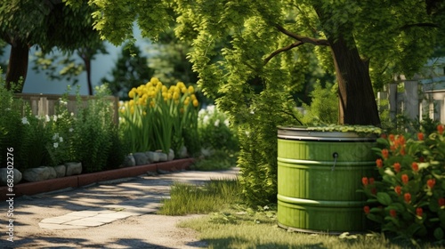 A green rain barrel to collect rainwater and reusing it to water the plants and flowers in a backyard with a wattle fence made of willow branches on a sunny day © HN Works