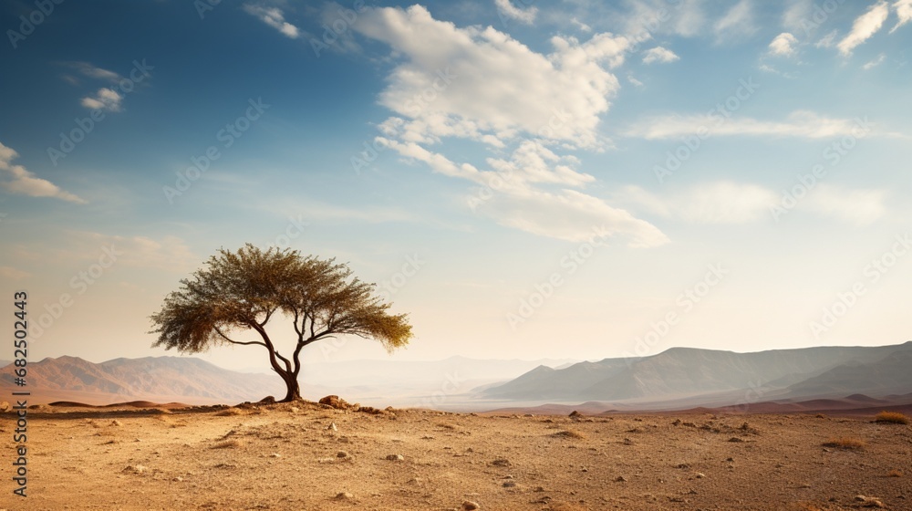 A lone desert tree on the horizon, a symbol of endurance and solitude.