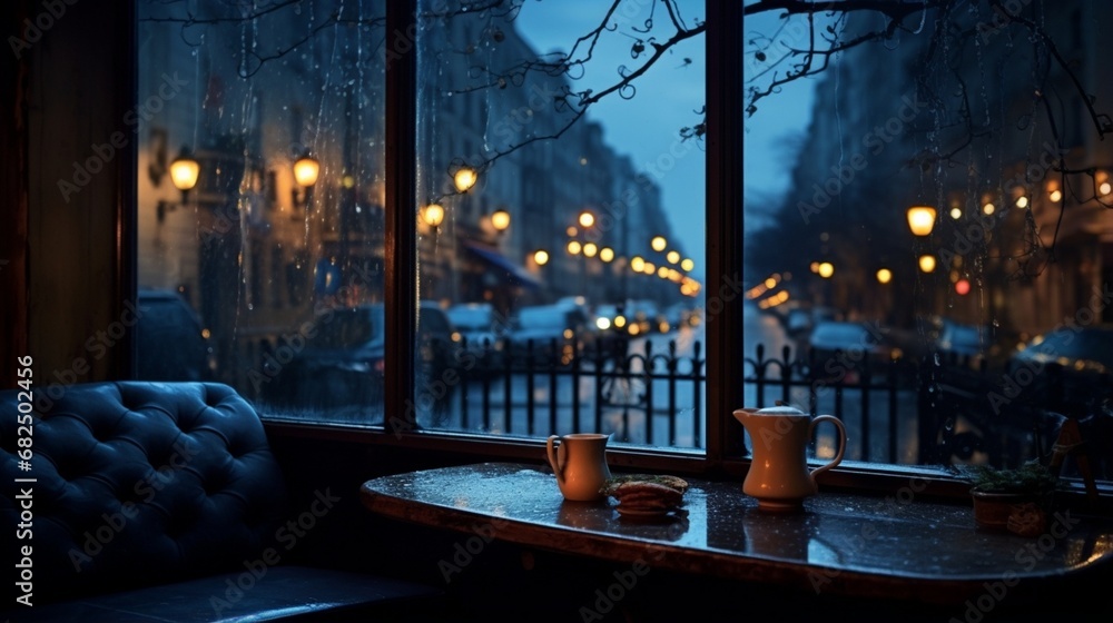 an image of city lights through a cafe's cozy window seat during a thunderstorm