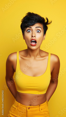 Young hispanic woman wearing casual yellow shirt afraid and shocked, surprise and amazed expression with hands on face.