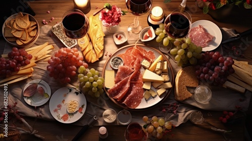 Top view of table with rose and white wine in glasses, plates with grapes, cheese and jamon, baked camembert cheese and baguette, tasting party or cozy dinner with wine