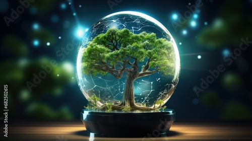 Tree growing on crystal globe. Digital Convergence and and Technology Convergence. Blue light, binary and network background. Green Computing, Green Technology, Green IT, csr, and IT ethics Concept.