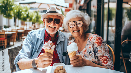 Happy, beautiful elderly pensioners are sitting at a table in a summer cafe on the street of a European city. They eat ice cream and smile