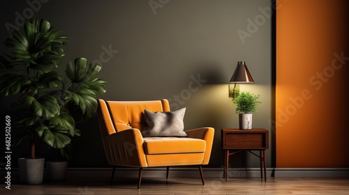 Armchair against the background of a wall with frames  a lamp and a plant. Everything in one color. 3d rendering.