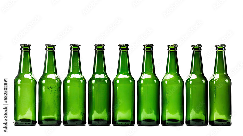 a row of Green bottles in a side view in an isolated and transparent PNG in a Beverage-themed, photorealistic illustration. Generative ai a row of Green bottles in a side view in an isolated and transparent PNG in a Beverage-themed, photorealistic illustration. Generative ai