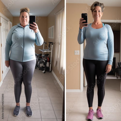 Selfie of a weight loss body transformation, before and after photo of 40 year old woman photo