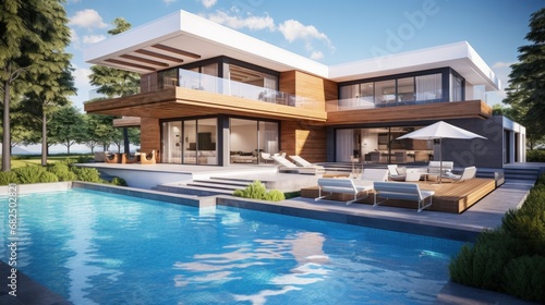 3d visualization of a modern house with a swimming pool. luxury architecture © HN Works