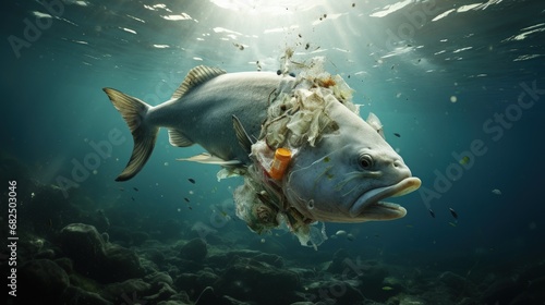 Garbage destroying our world oceans and earth - concept with plastic bottles fish eating the planet