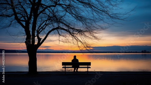 Silhouette of a man sitting on a bench, looking over the lake on the Fraueninsel island at the Chiemsee Lake in Bavaria, Germany