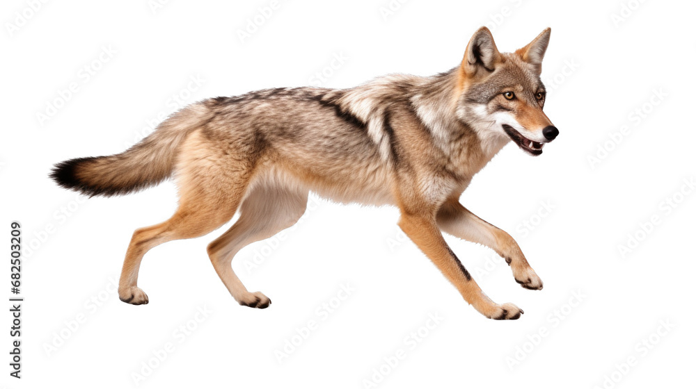 a coyote, in motion, full body in an isolated and transparent PNG in a Wildlife-themed, photorealistic illustration. Generative ai