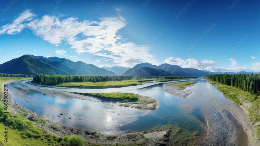 360 spherical panorama of Aerial view of Katun river, in summer morning in Altai mountains, drone shot, Altai Krai, Western Siberia, Russia. Virtual reality content