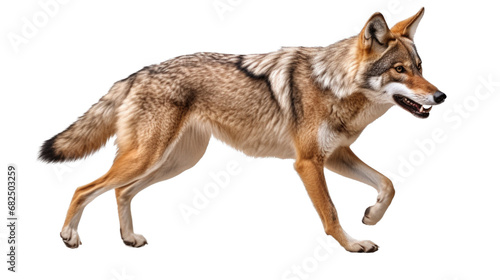 a coyote, in motion, full body in an isolated and transparent PNG in a Wildlife-themed, photorealistic illustration. Generative ai