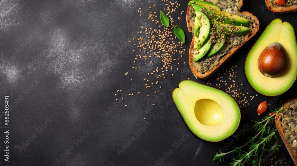 Healthy avocado toasts for breakfast or lunch with rye bread, sliced avocado, pumpkin seeds, salt and pepper. Vegetarian food. Plant-based diet. Clean eating. Top view. Copy space, - obrazy, fototapety, plakaty 