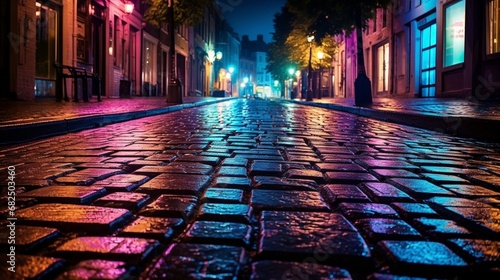 an image of city lights casting reflections on a cobblestone street during a festival © Wajid