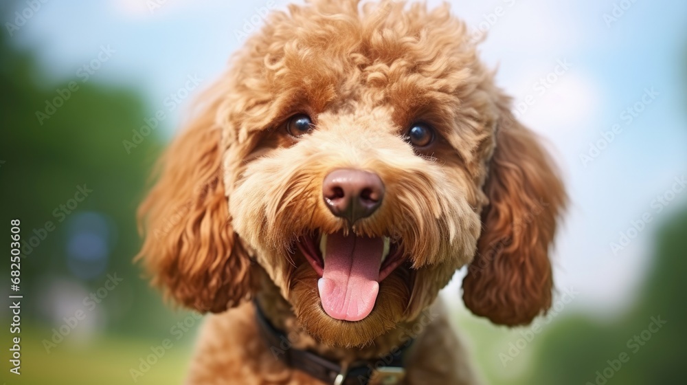 Portrait of brown poodle dog smiling and looking at the camera on a pink background. Copy space