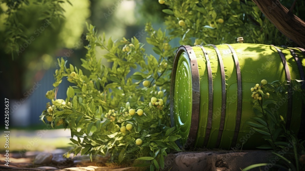 A green rain barrel to collect rainwater and reusing it to water the plants and flowers in a backyard with a wattle fence made of willow branches on a sunny day A green rain barrel to collect rainwater and reusing it to water the plants and flowers in a backyard with a wattle fence made of willow branches on a sunny day