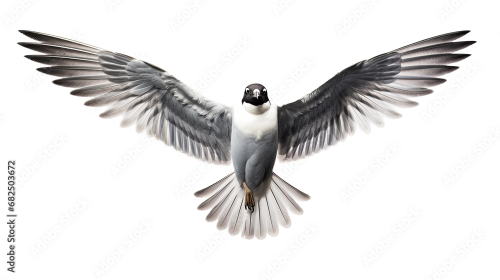 Fototapeta premium a Seagull/Laughing Gull in-flight frontal view in an isolated and transparent PNG in a Nature-themed, photorealistic illustration. Generative ai