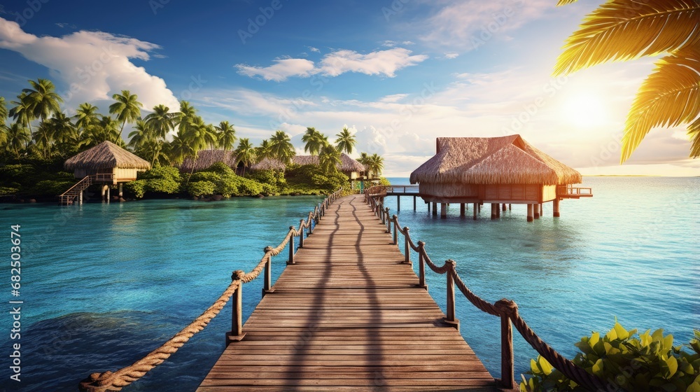Wooden walkways over the water of the blue tropical sea to authentic traditional Polynesian thatched roof houses with eco-friendly use of solar panels. Polynesia, Tahiti