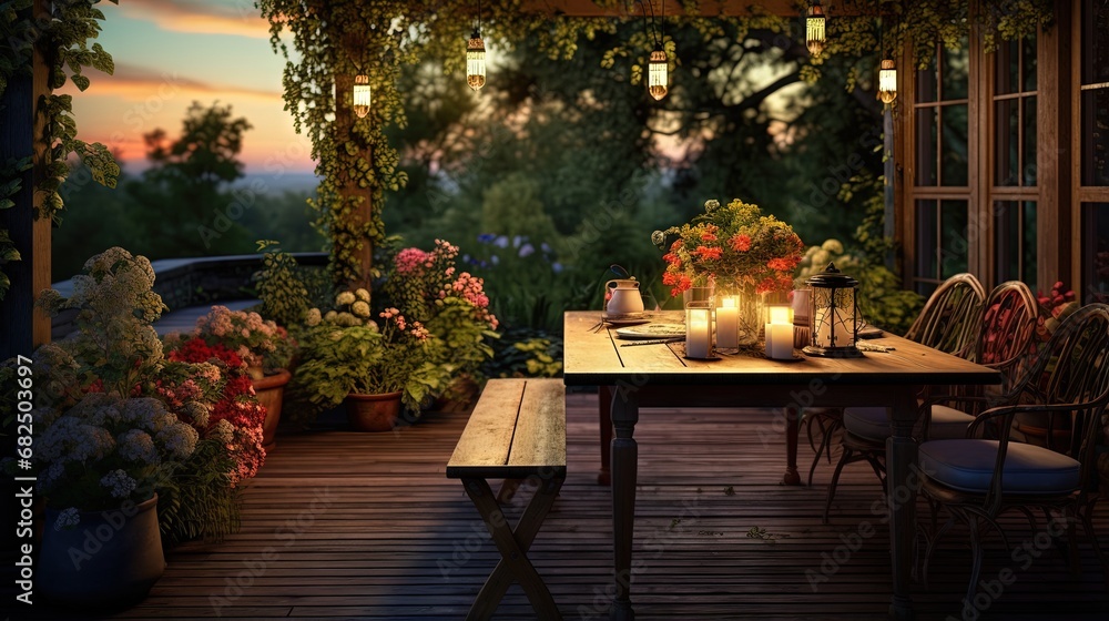 table for lunch outside in the garden in the courtyard with the lights of a country house at sunset. landscape design in the cottage.