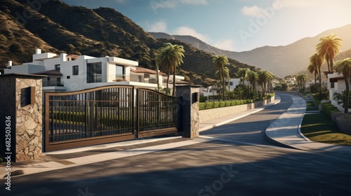Villa in Los Monasterios Urbanization residential area. Design house and luxury facilities. Fence at a suburb house. Construction of modern house near coastline. Villa under construction in mountains © HN Works