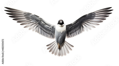 a Seagull/Laughing Gull in-flight frontal view in an isolated and transparent PNG in a Nature-themed, photorealistic illustration. Generative ai