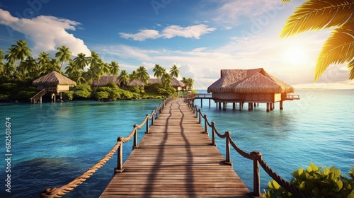 Wooden walkways over the water of the blue tropical sea to authentic traditional Polynesian thatched roof houses with eco-friendly use of solar panels. Polynesia, Tahiti photo