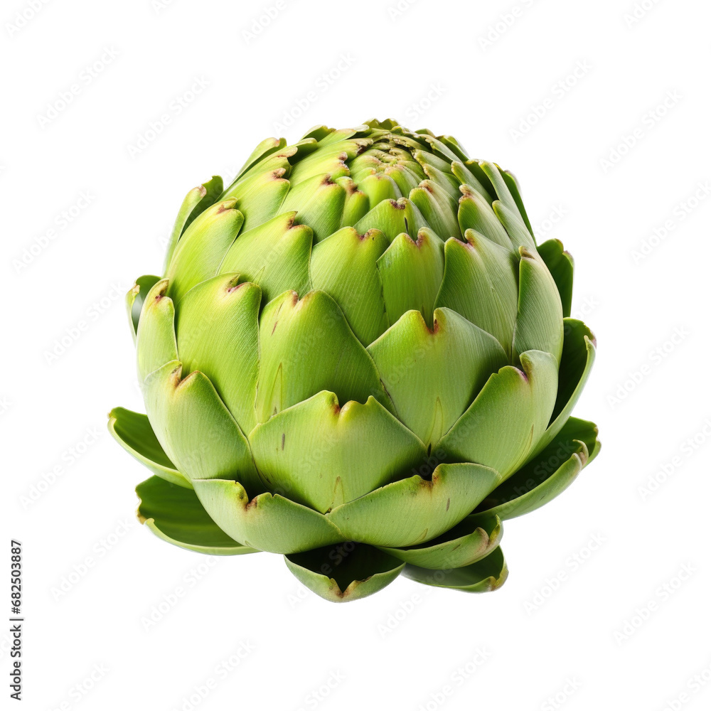 Fototapeta premium an Artichoke in a 3/4 view in an isolated and transparent PNG in a Food-themed, photorealistic illustration. Generative ai