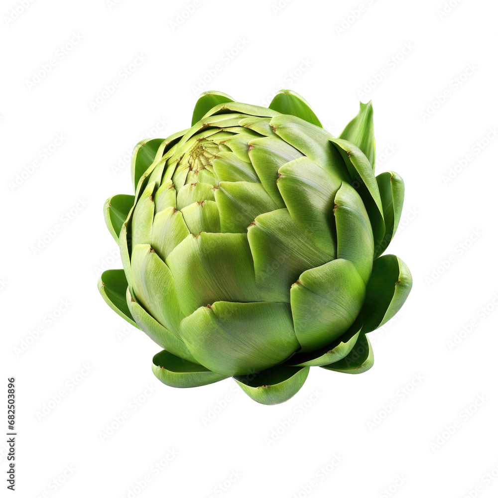 Obraz premium an Artichoke in a 3/4 view in an isolated and transparent PNG in a Food-themed, photorealistic illustration. Generative ai